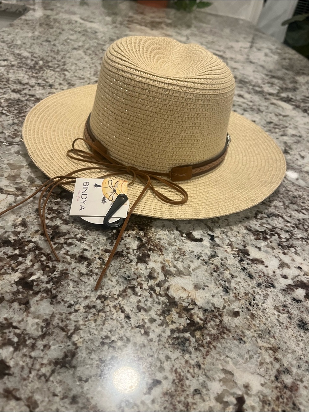 Women's Beige Straw Sun Hat with Brown Leather Band-NEW